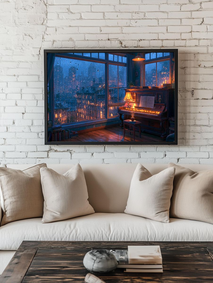 Rainy Piano Room Digital Art Print. room preview