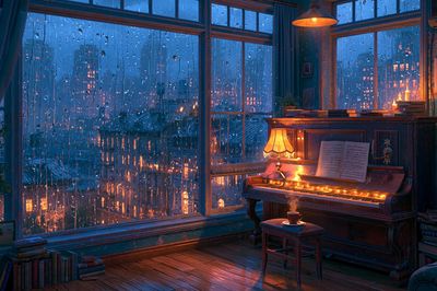 Rainy Piano Room Digital Art Print.