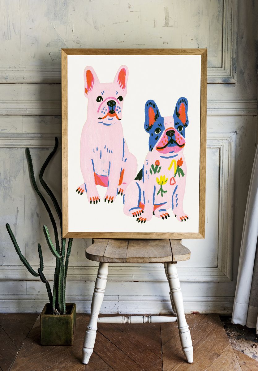 Playful French Bulldogs Illustration Poster. room preview