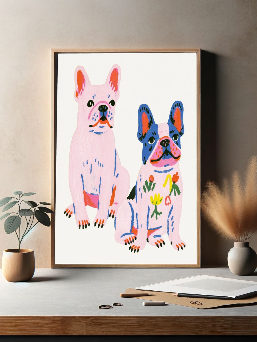 Playful French Bulldogs Illustration Poster. — room view 2