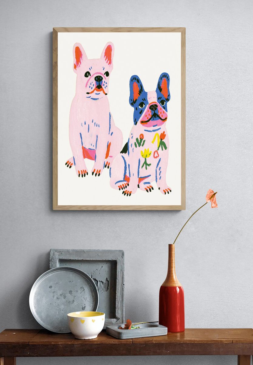 Playful French Bulldogs Illustration Poster. — room view 3