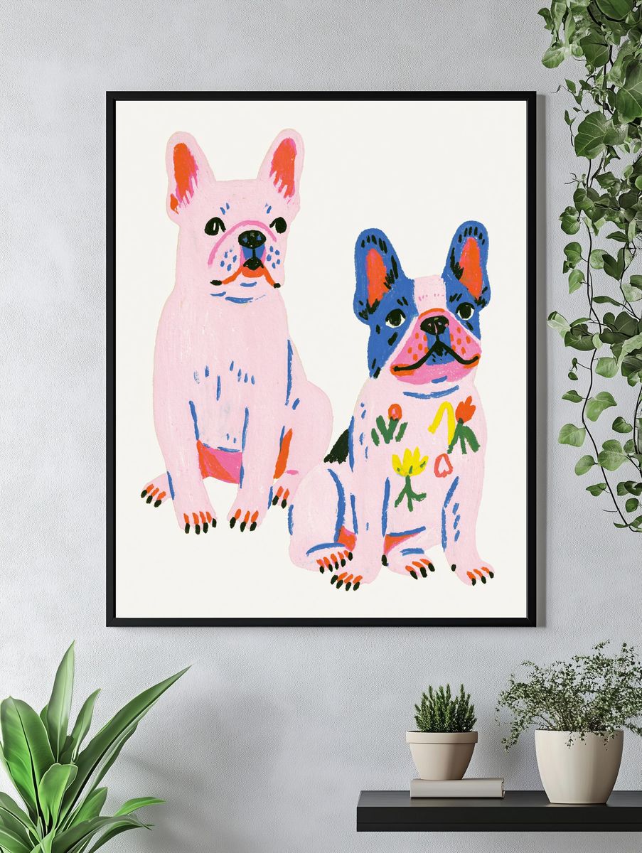 Playful French Bulldogs Illustration Poster. — room view 4