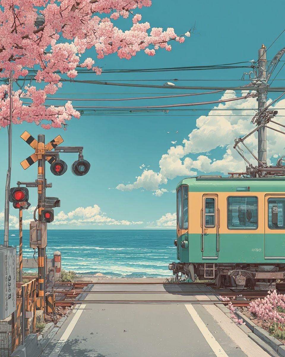 Seaside Train Crossing Illustration Poster. poster detail