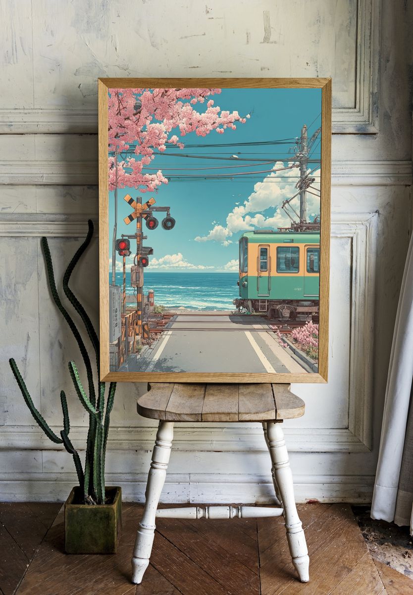 Seaside Train Crossing Illustration Poster. room preview