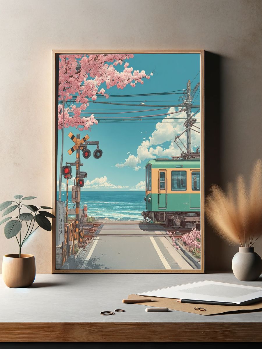 Seaside Train Crossing Illustration Poster. — room view 2