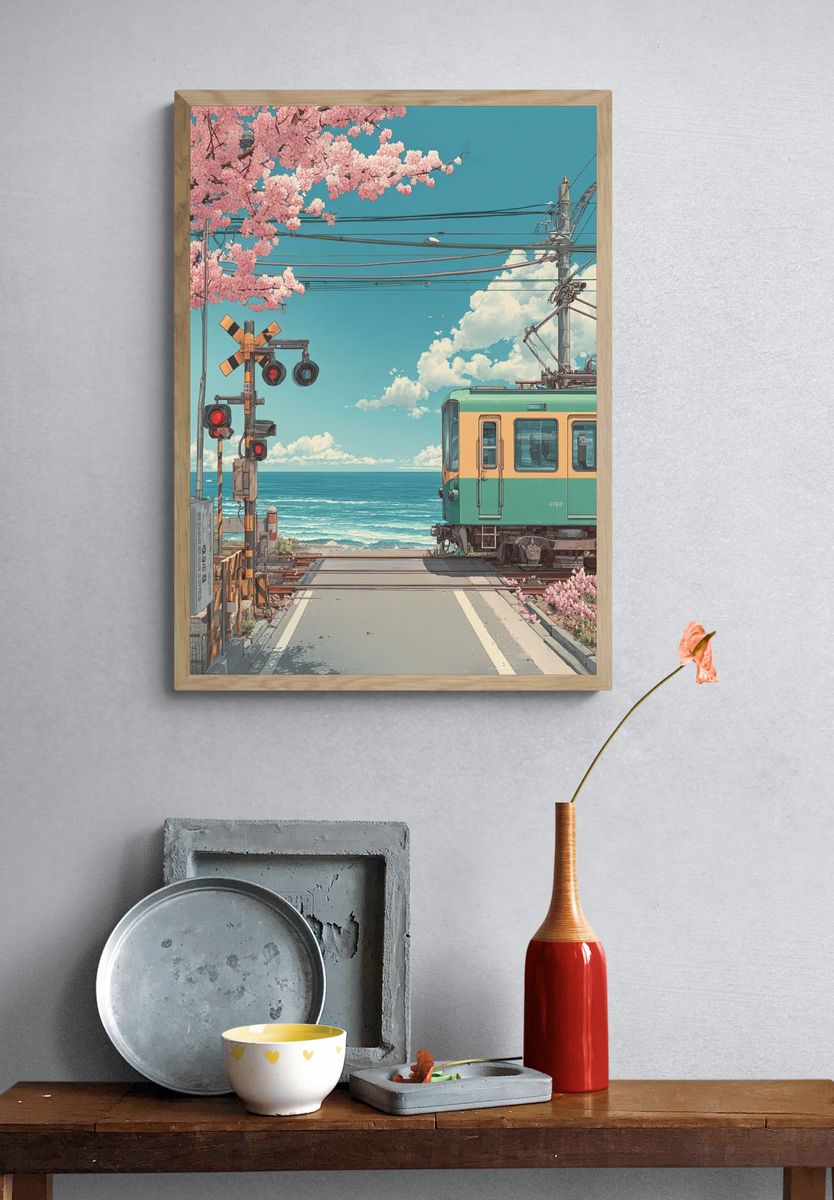Seaside Train Crossing Illustration Poster. — room view 3