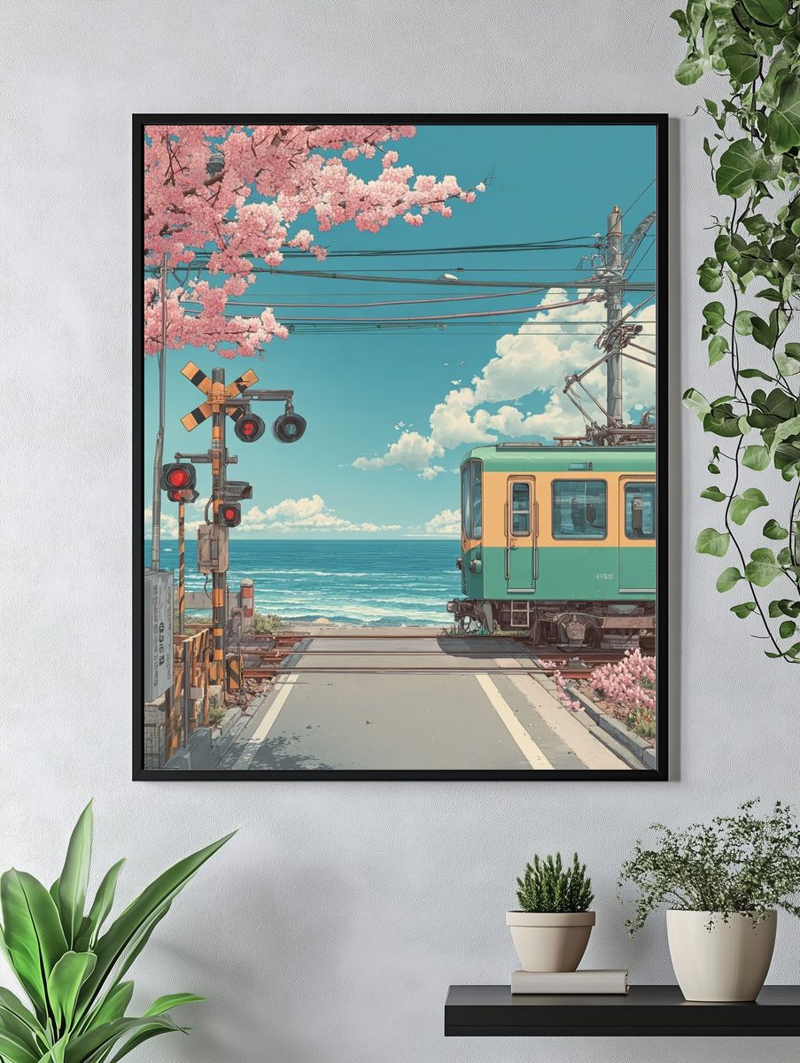 Seaside Train Crossing Illustration Poster. — room view 4