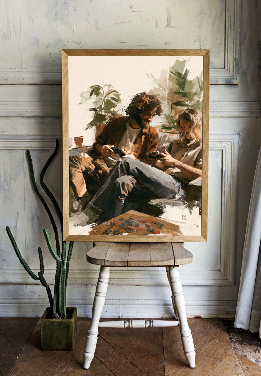 Cozy Gaming Couple Illustration Poster. — room view 1