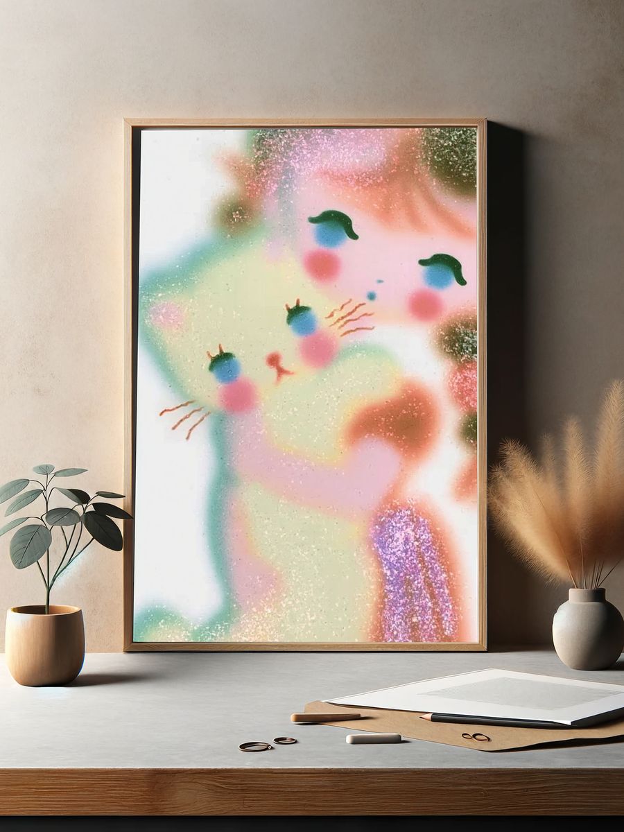 Pastel Cat Face Illustration Poster. — room view 2