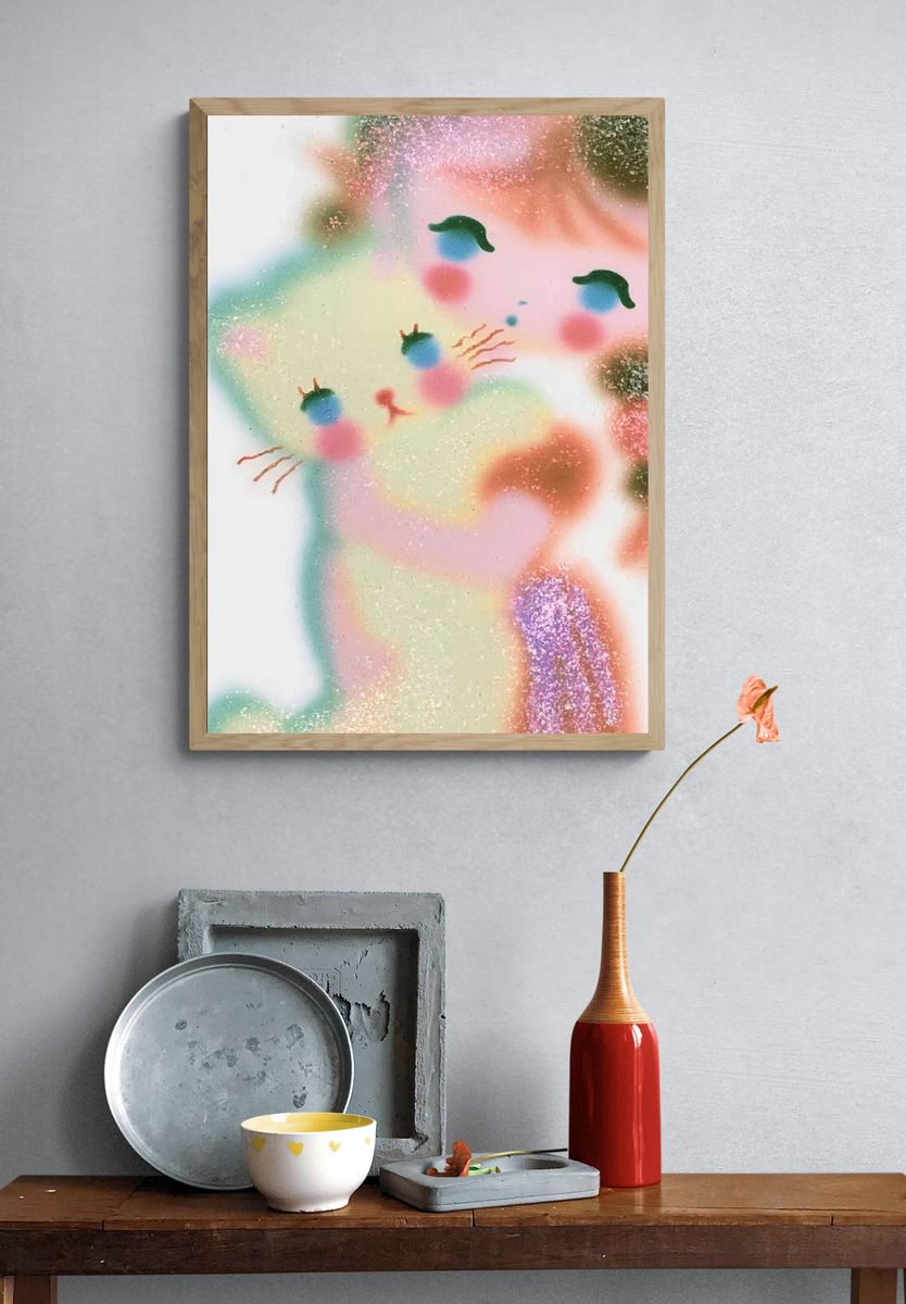 Pastel Cat Face Illustration Poster. — room view 3