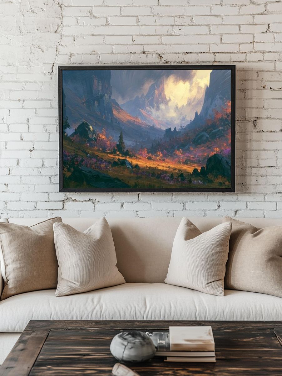 Fantasy Mountain Valley Illustration Poster. — room view 1
