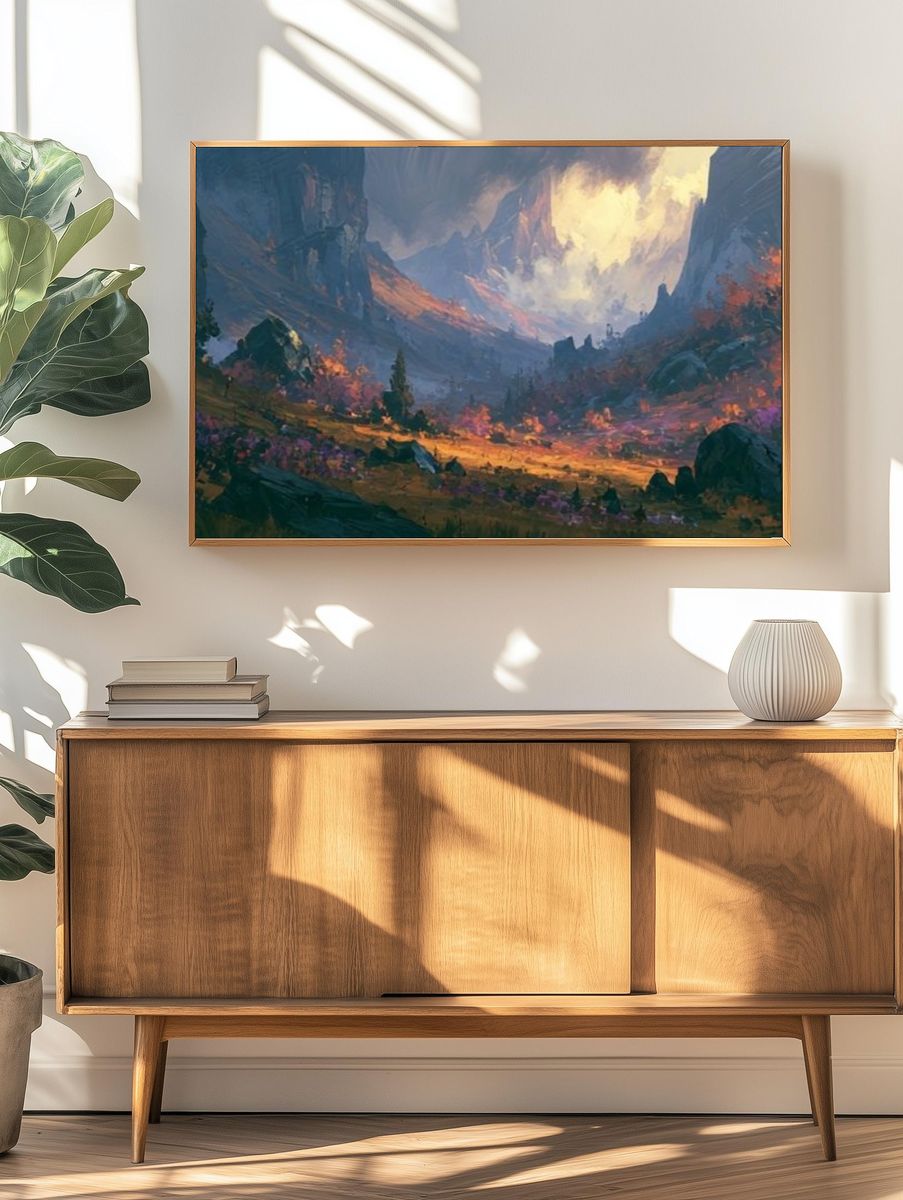 Fantasy Mountain Valley Illustration Poster. — room view 3