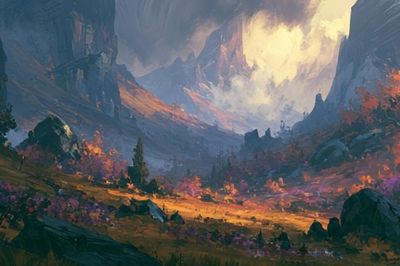Fantasy Mountain Valley Illustration Poster.