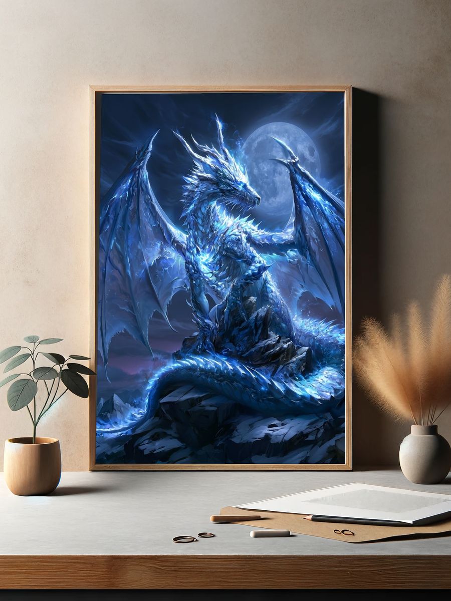 Moonlit Ice Dragon Digital Art Poster. — room view 2