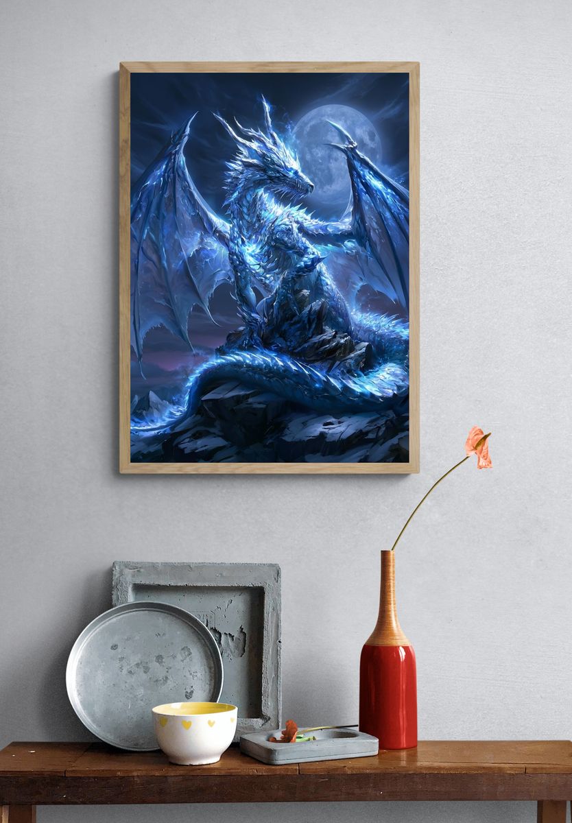 Moonlit Ice Dragon Digital Art Poster. — room view 3
