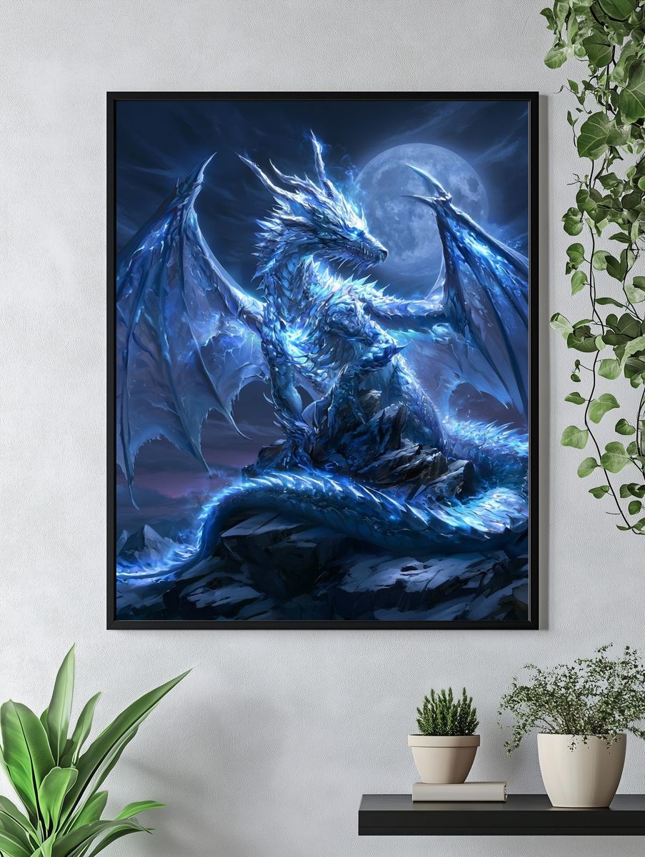 Moonlit Ice Dragon Digital Art Poster. — room view 4