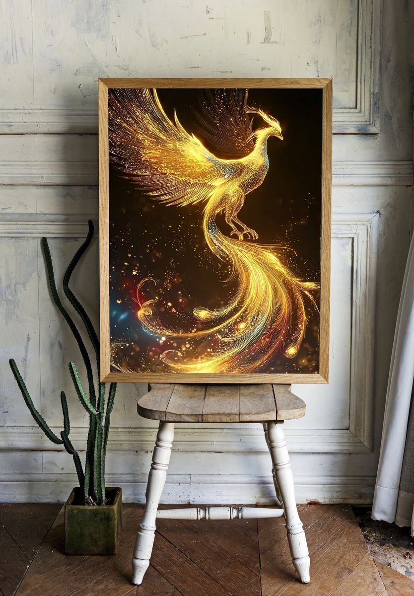 Golden Phoenix Digital Art Poster. room preview