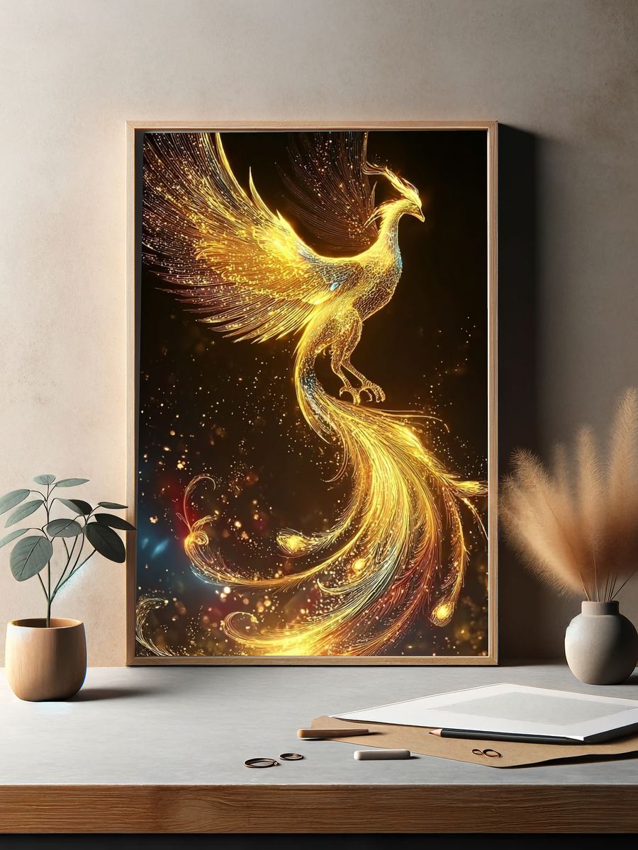 Golden Phoenix Digital Art Poster. — room view 2