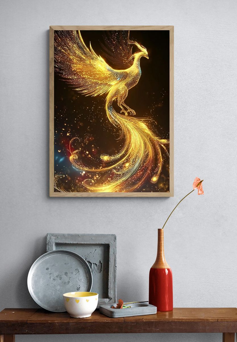 Golden Phoenix Digital Art Poster. — room view 3
