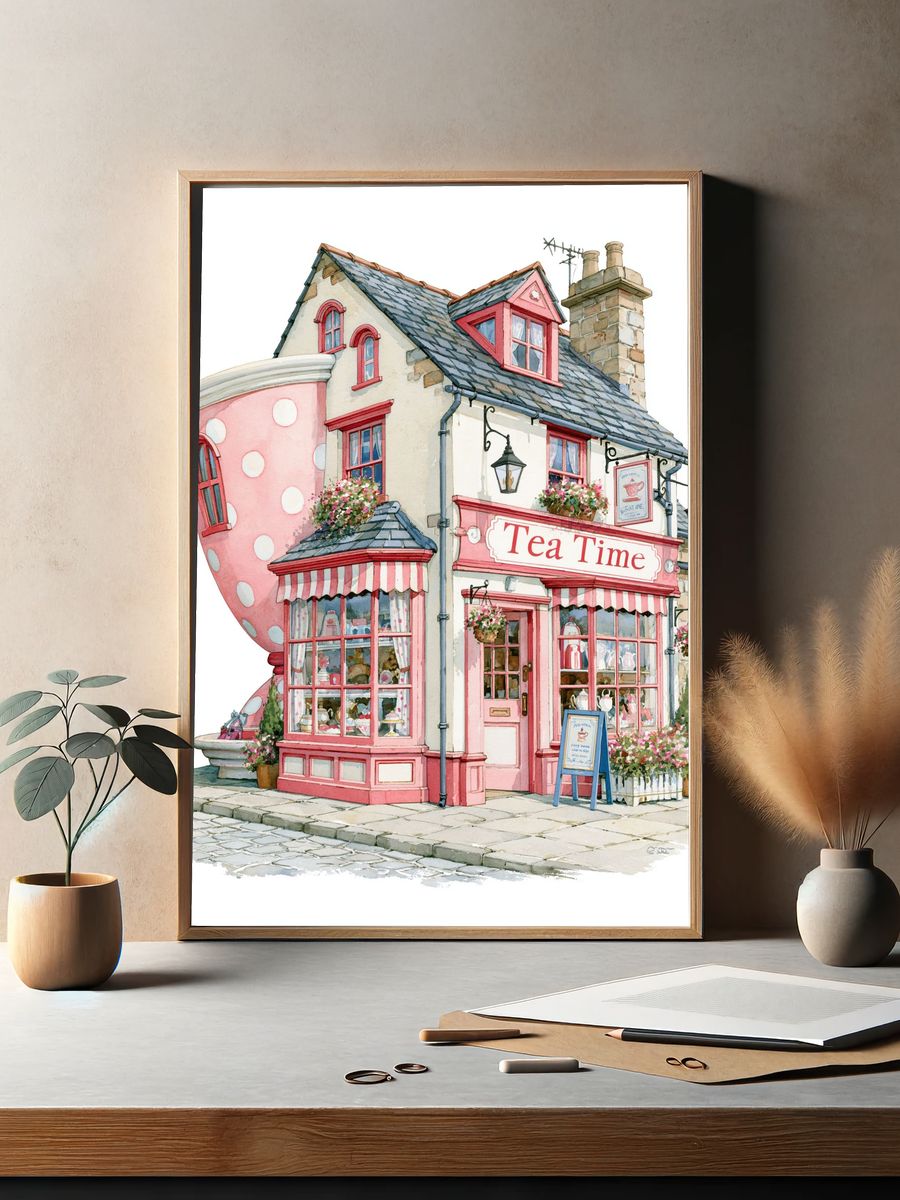 Pink Tea Shop Watercolor Print. — room view 2