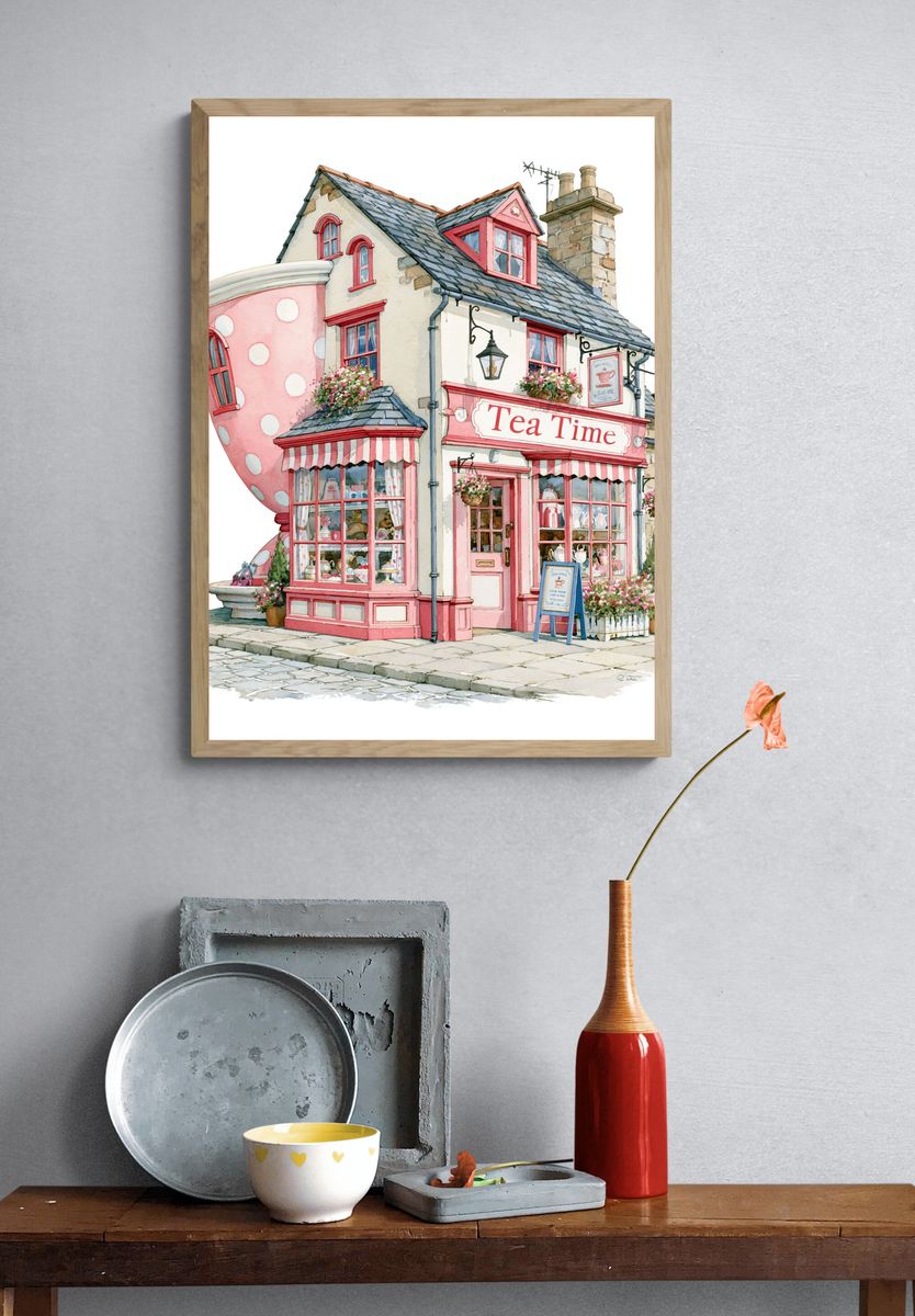 Pink Tea Shop Watercolor Print. — room view 3
