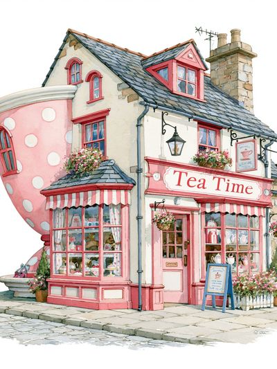 Pink Tea Shop Watercolor Print.