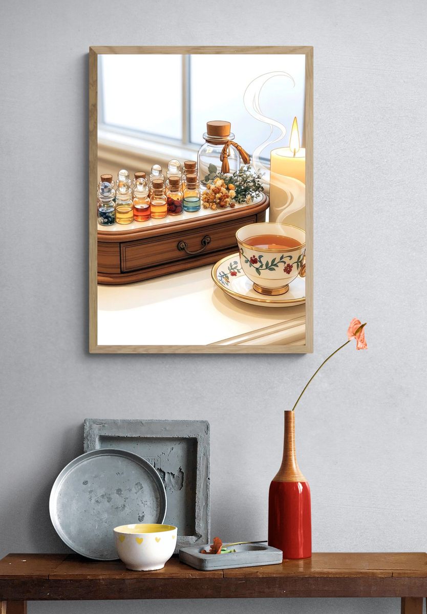 Tea and Candle Still Life Illustration Poster. — room view 3