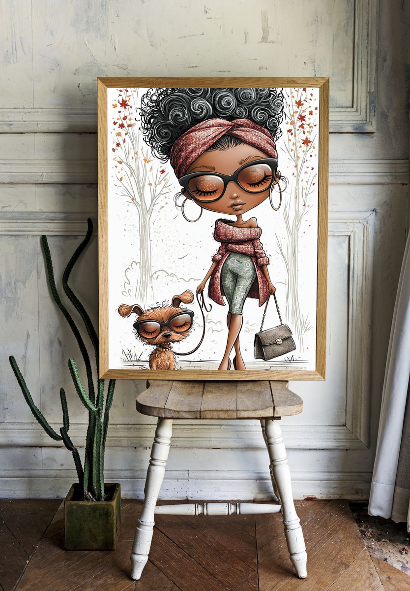 Stylish Fashion Girl and Dog Illustration Poster. room preview