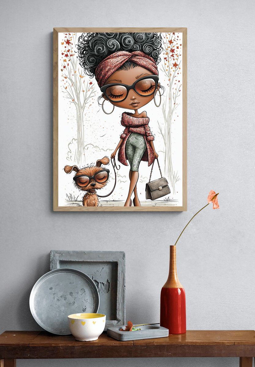 Stylish Fashion Girl and Dog Illustration Poster. — room view 3