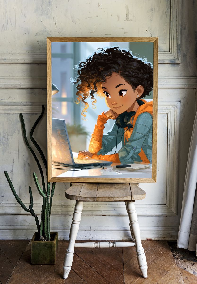 Young Coder at Laptop Illustration Poster. room preview
