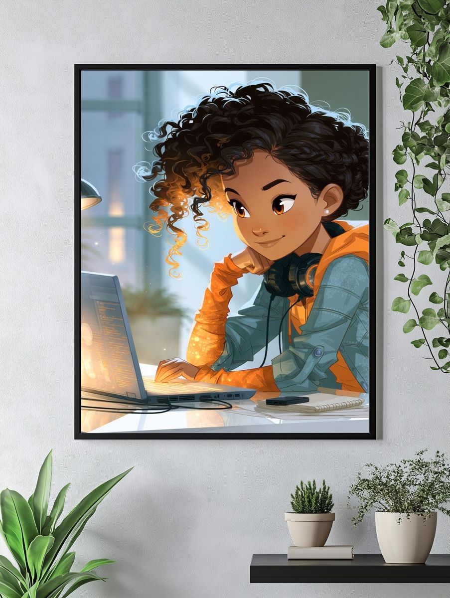 Young Coder at Laptop Illustration Poster. — room view 4
