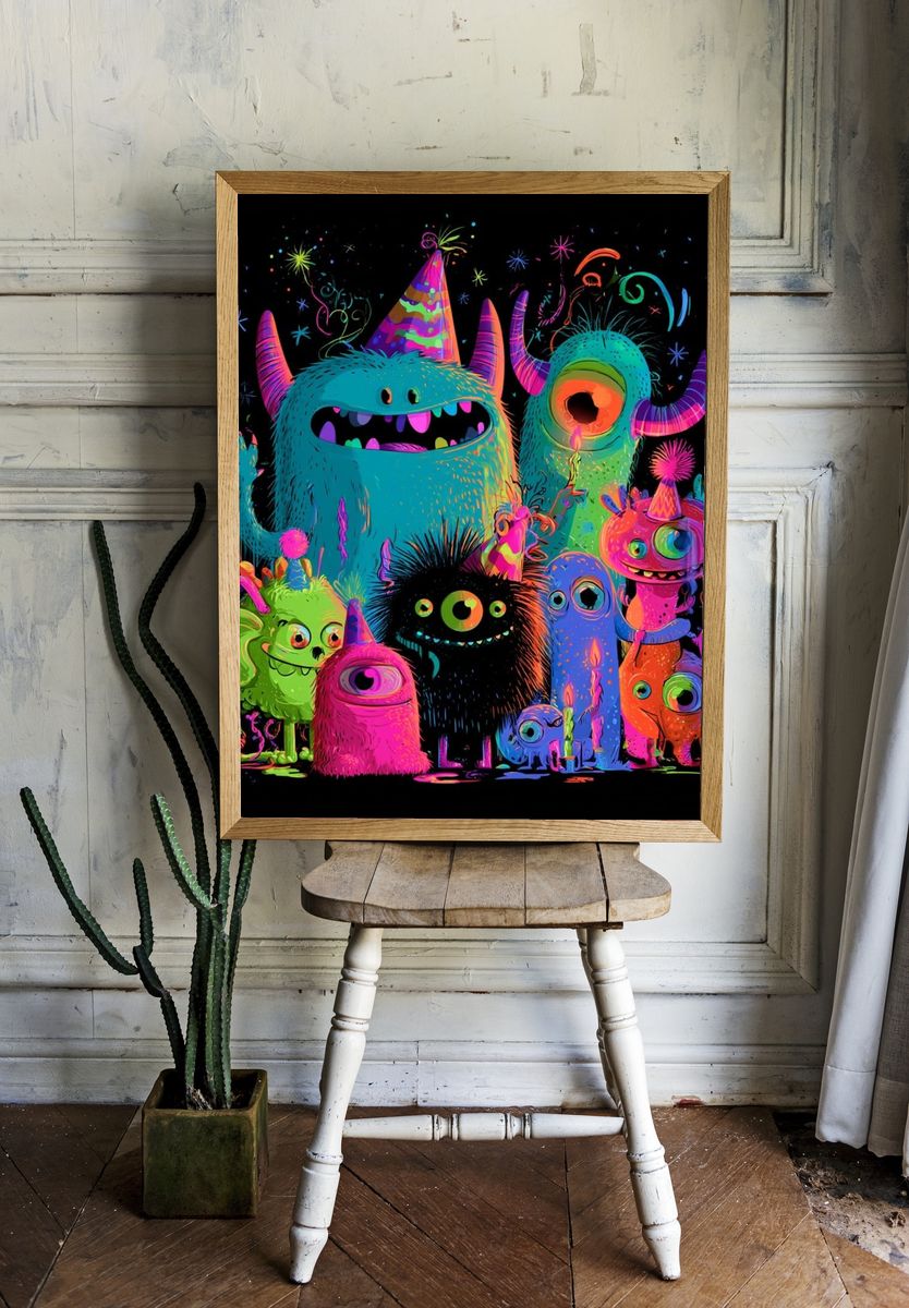 Neon Monster Party Illustration Poster. — room view 1