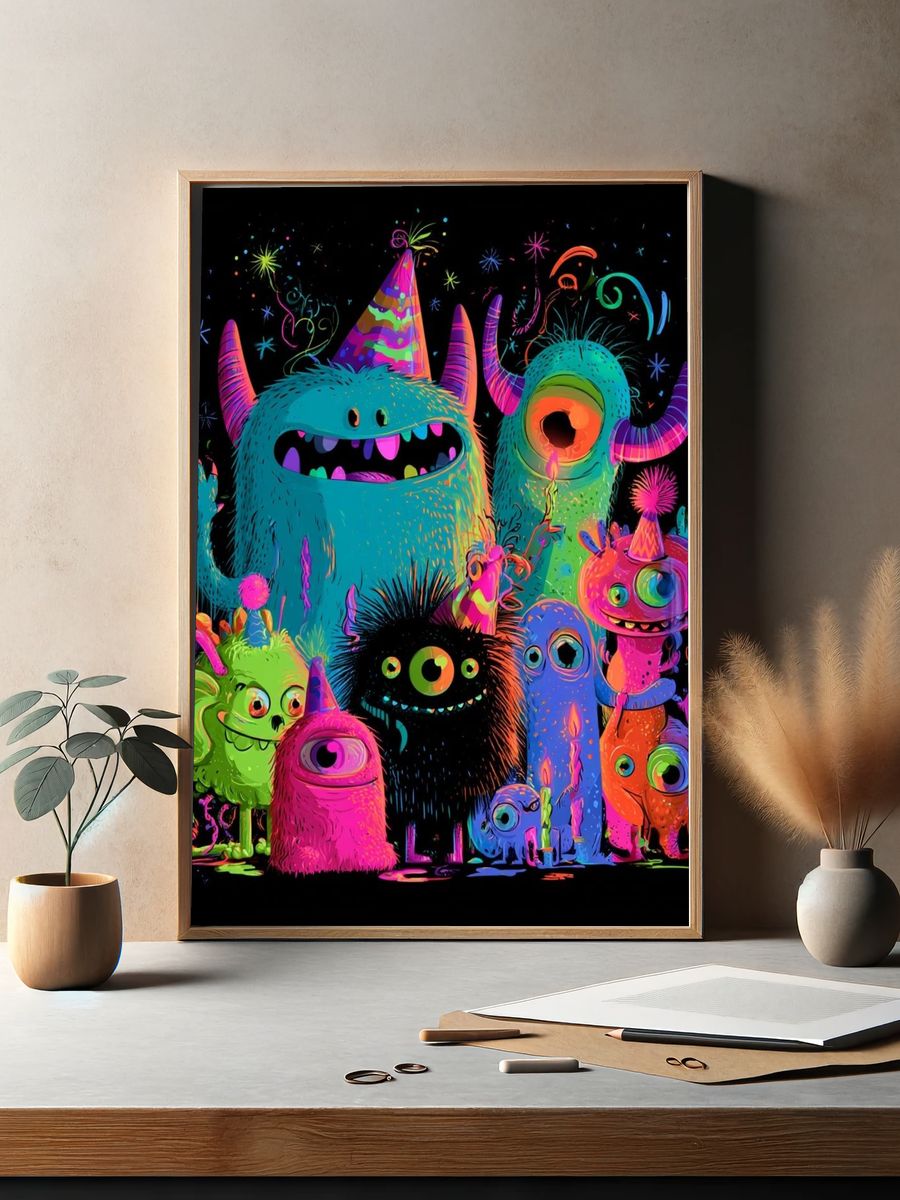 Neon Monster Party Illustration Poster. — room view 2