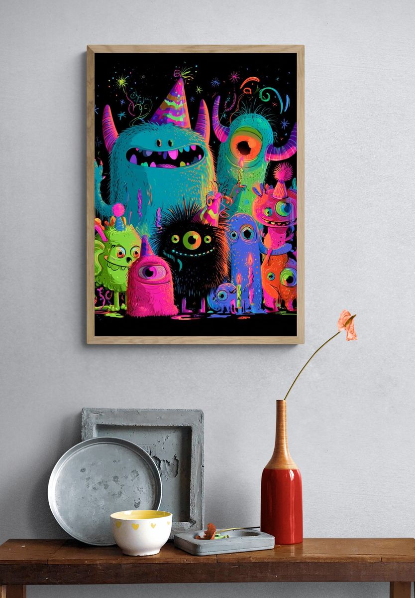 Neon Monster Party Illustration Poster. — room view 3