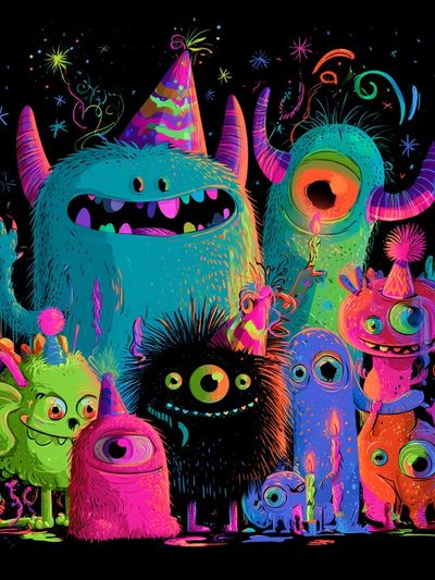 Neon Monster Party Illustration Poster.