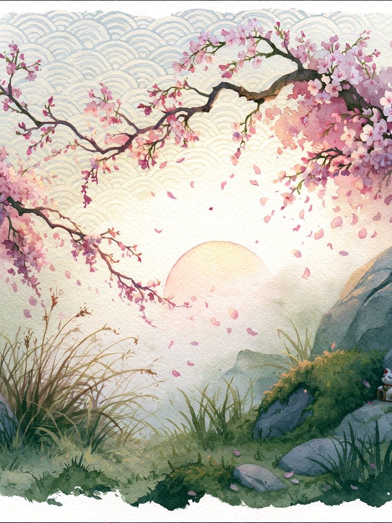 Cherry Blossom Sunrise Illustration Print. poster — illustration art