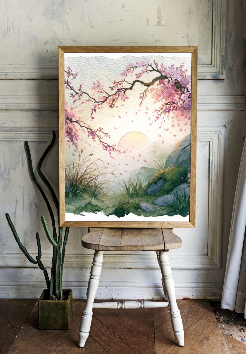 Cherry Blossom Sunrise Illustration Print. — room view 1