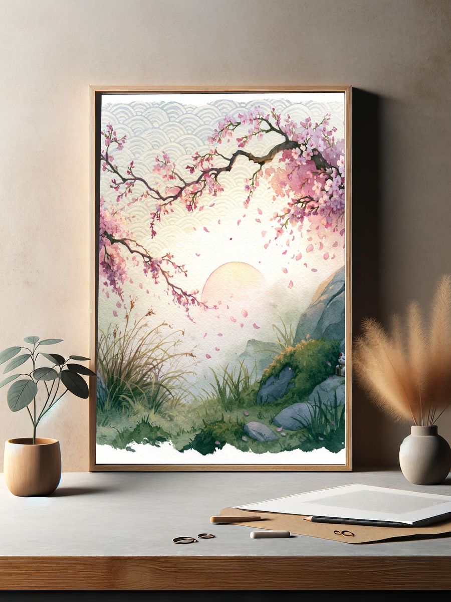 Cherry Blossom Sunrise Illustration Print. — room view 2