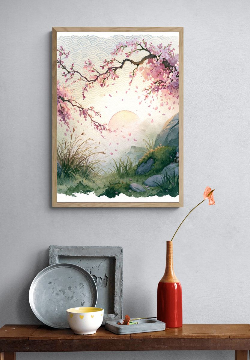 Cherry Blossom Sunrise Illustration Print. — room view 3