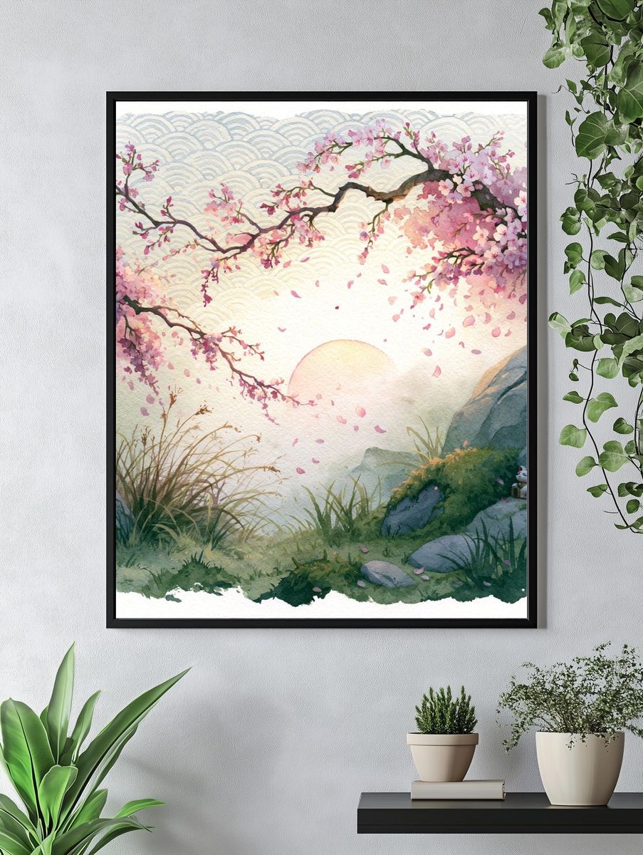 Cherry Blossom Sunrise Illustration Print. — room view 4