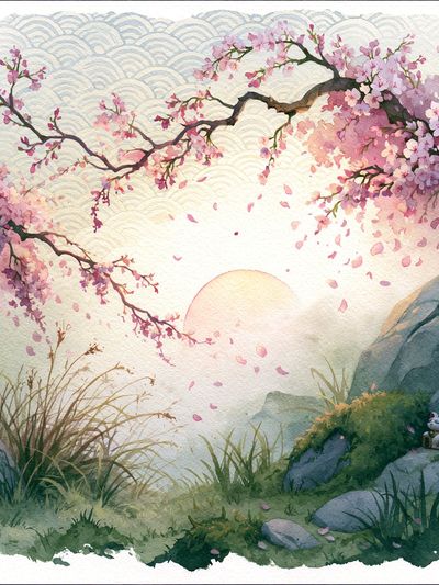 Cherry Blossom Sunrise Illustration Print.
