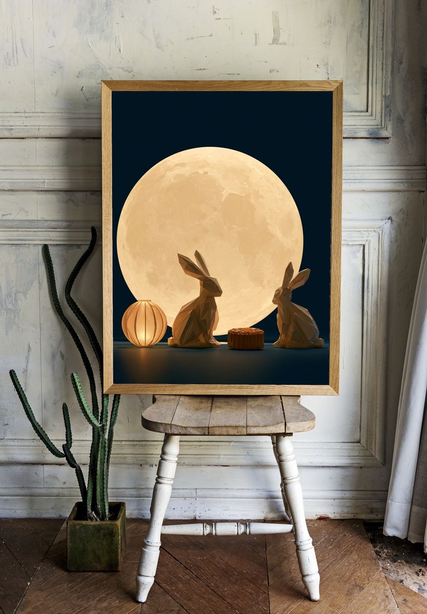 Moonlit Rabbits Illustration Poster. room preview