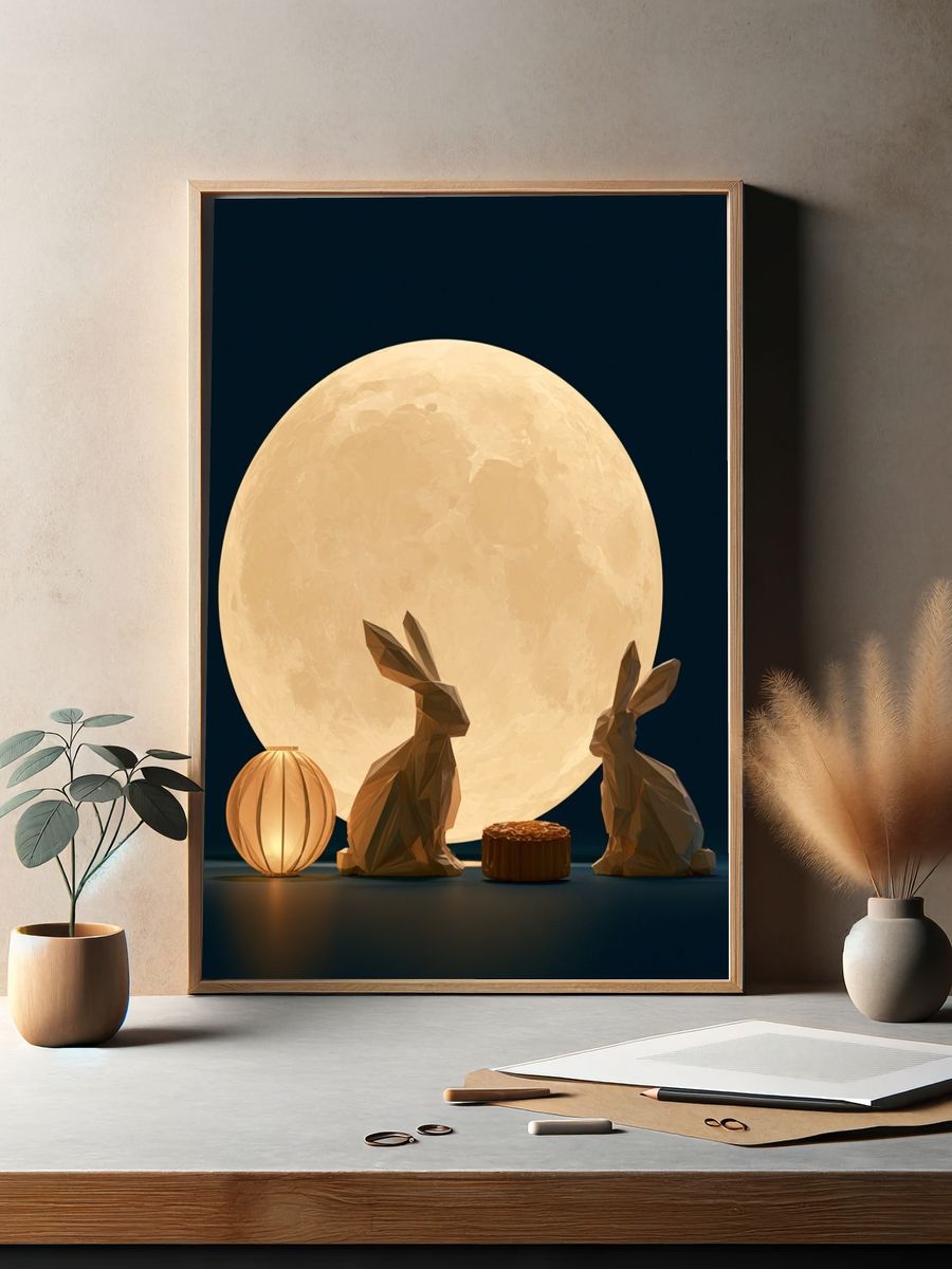 Moonlit Rabbits Illustration Poster. — room view 2
