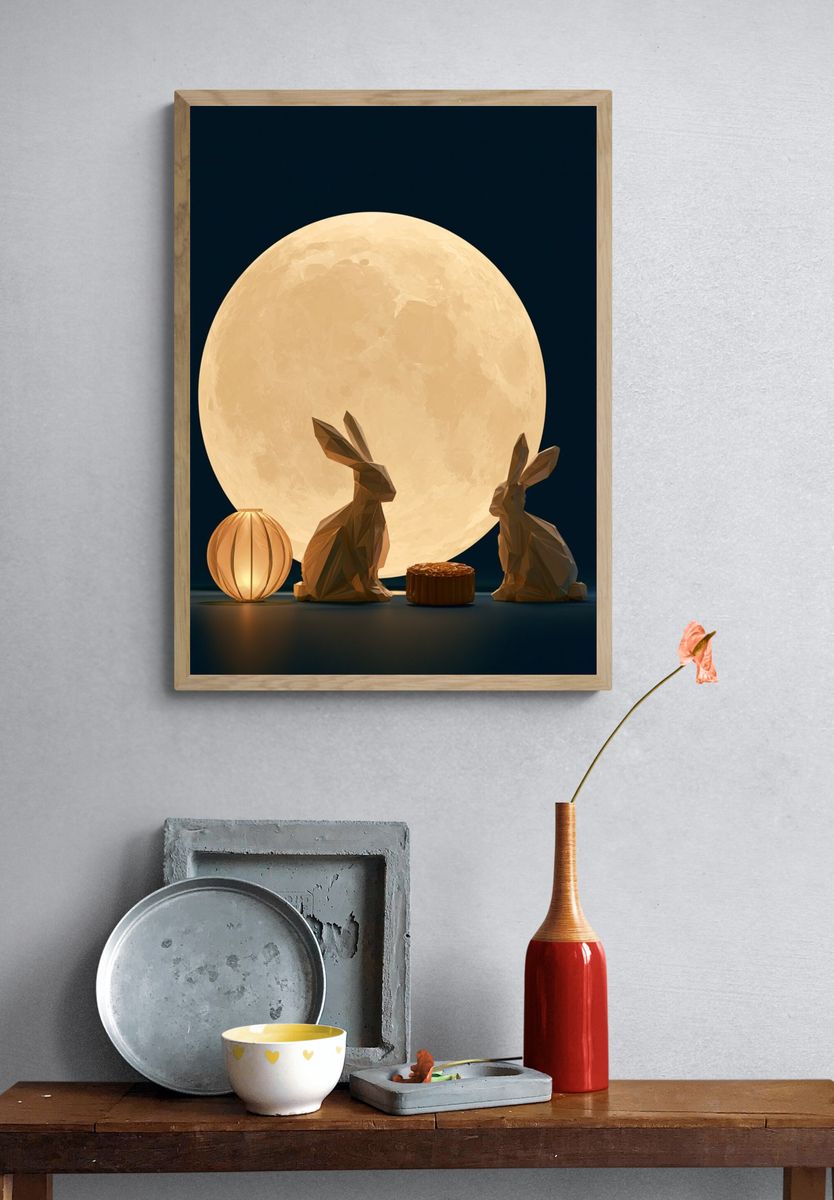 Moonlit Rabbits Illustration Poster. — room view 3