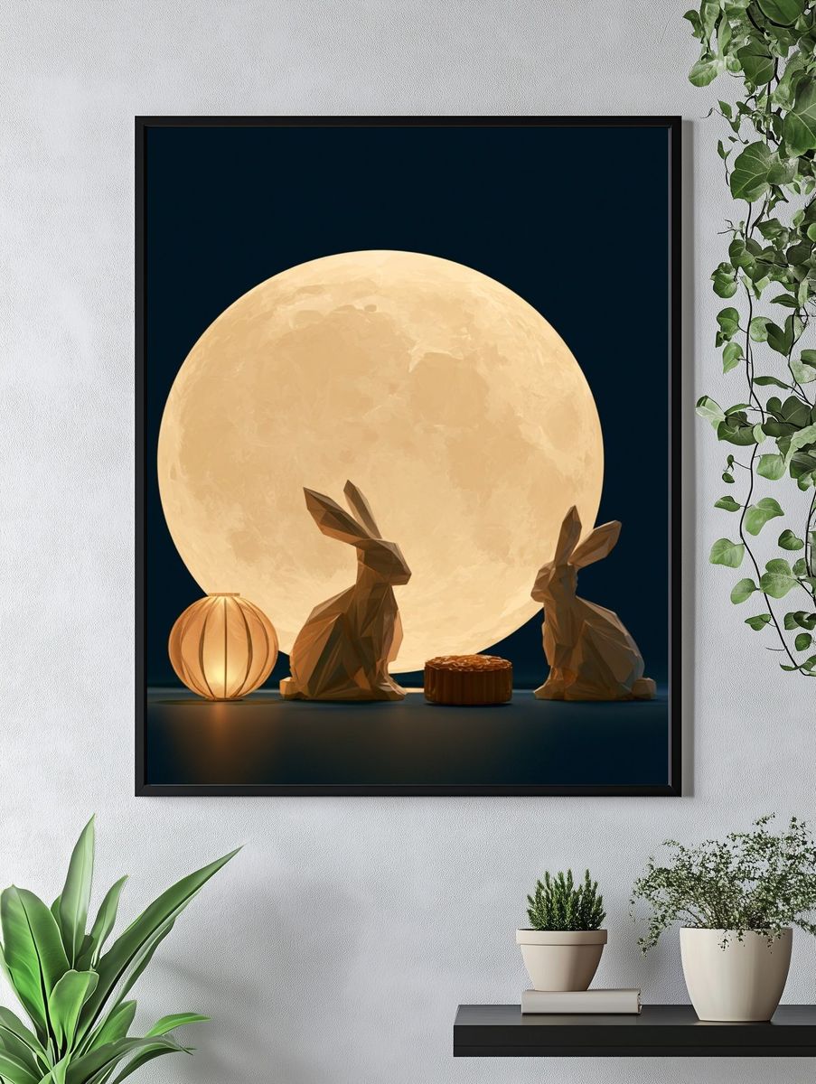 Moonlit Rabbits Illustration Poster. — room view 4