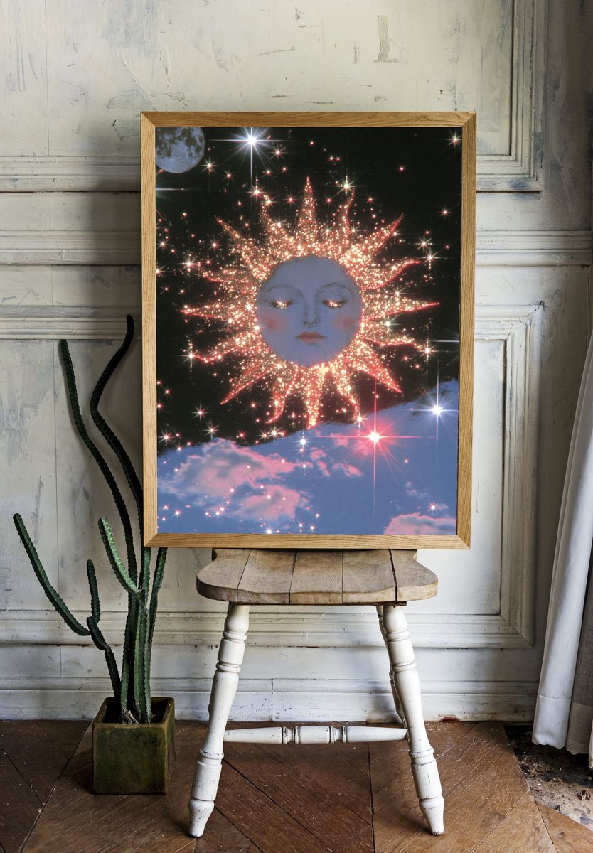 Celestial Sun Face Surrealism Print. room preview