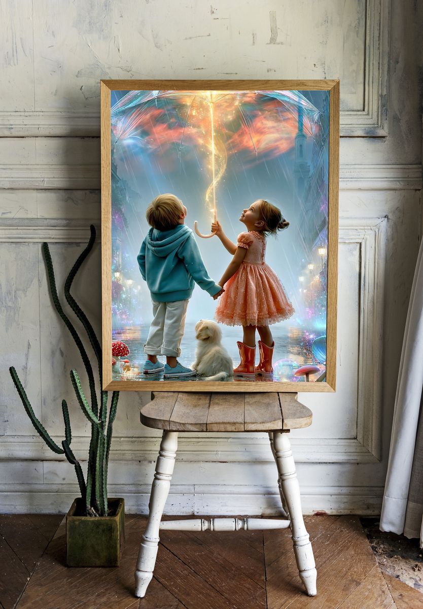Magical Umbrella Children Illustration Poster. room preview