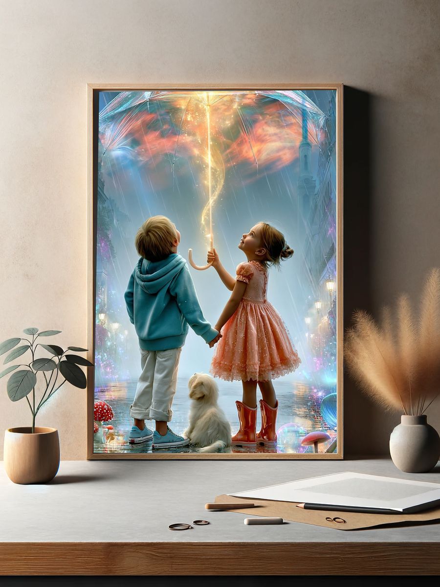 Magical Umbrella Children Illustration Poster. — room view 2