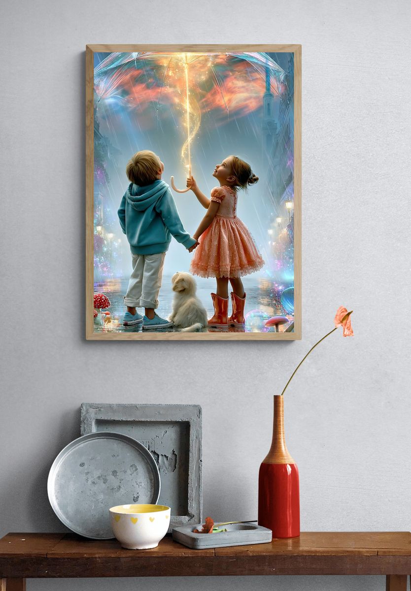 Magical Umbrella Children Illustration Poster. — room view 3