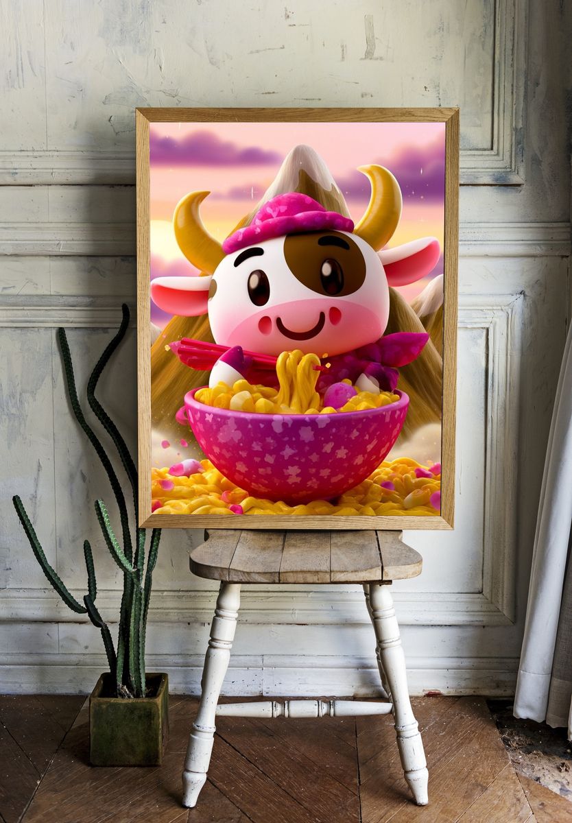 Cute Cow Noodle Bowl Illustration Poster. room preview